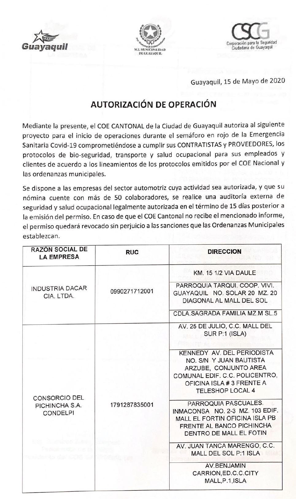 Autorización de operación – Municipio de Guayaquil