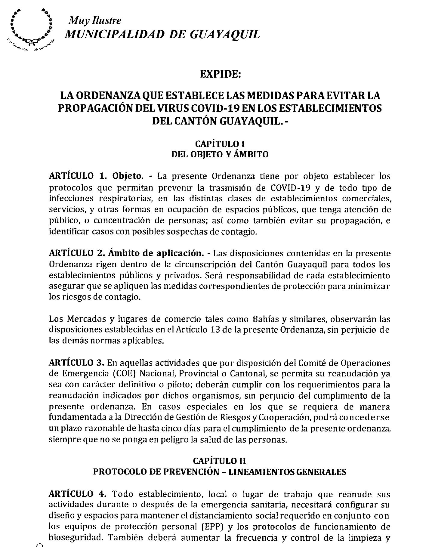 Ordenanza que establece las medidas para evitar la propagación del virus Covid 19 en los establecimientos del cantón Guayaquil